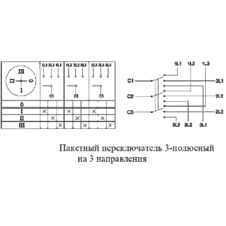 Схема переключения направлений при коммутации электрических цепей пакетного переключателя ПП3 Н3 на три направления